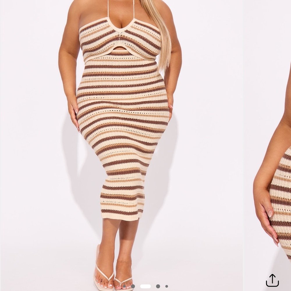 Fashion nova Brown and Cream Knitted and knotted crochet halter Midi Dress - Picture 4 of 10